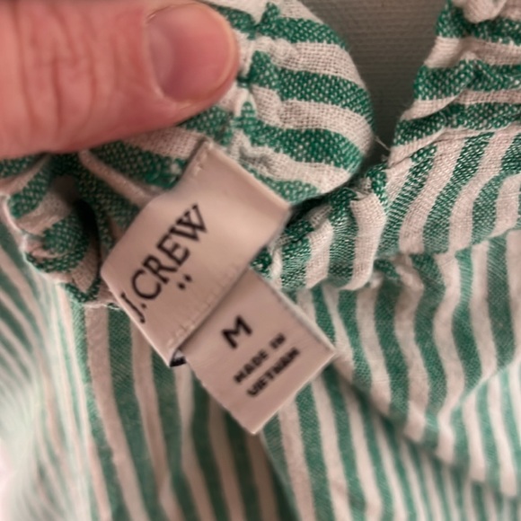 J Crew green and white stripe linen top with front buttons elastic back. - Picture 5 of 6